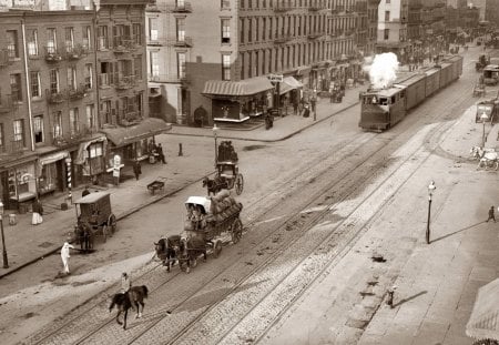 retro view of old city street - carriage, street, train, stores, city, horse