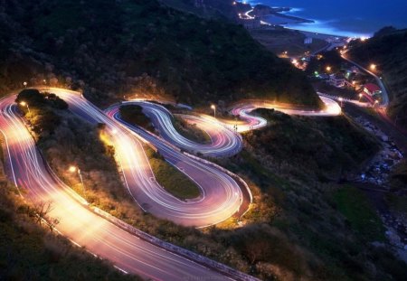 snake hill road in lights down to the beach - hill, river, beach, lights, road