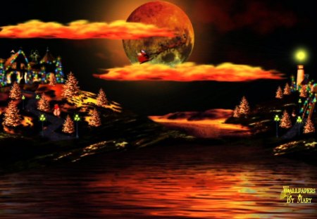 Red Moon Christmas - winter, santa, oceans, holidays, lighthouses, christmas