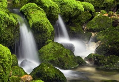 Obertraun Falls, Austria - falls, day, daylight, water, waterfalls, moss, nature, white, flowing, river, green, rock