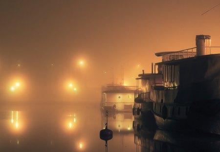 foggy harbor at night - boats, night, fog, harbor, lights