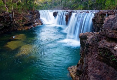 Beautiful Clear Waterfall - trees, day, daylight, waterfallfalls, water, white, nature, forest, river, blue, rock