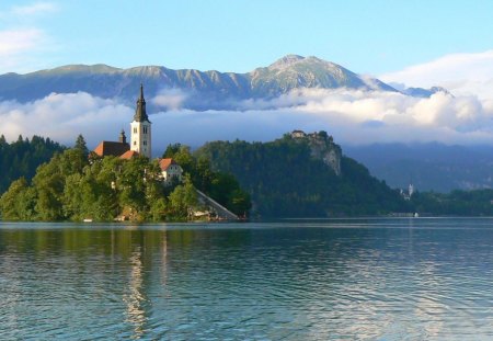 Bled Slovenia Lake, Europe - water, church, daylight, blue, lake, sky, architecture, religious, reflection, clouds, island, europe, trees, nature, mountain, day