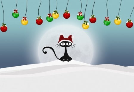 ♥Cute Black Cat♥ - pretty, creative pre-made, greetings, snow, holidays, happy, decorations, merry christmas, winter holidays, moon, winter, balls, lovely, xmas and new year, christmas, cute, adorable, love four seasons