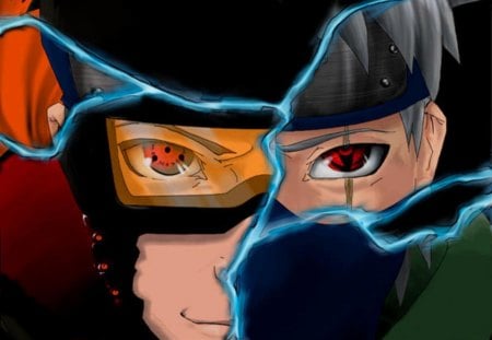 Obito & Kakashi - sharingan, obito, anime, uchiha obito, goggles, shinobi, red eyes, male, mask, naruto shippuden, naruto, kakashi hatake, hatake kakashi, kakashi, obito uchiha, faces