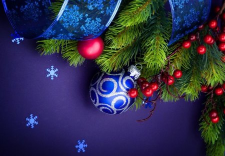 Christmas Decorations - ornament, branches, boughs, snowflakes, ball, holly, berries, christmas, balls, decorations, blue, holiday, ribbon, ornaments