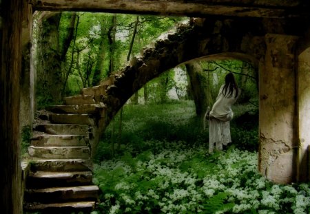 alone - women, stairs, alone, trees, forest, lonely