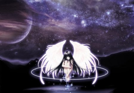 Waiting For You - alone, girl, angel, galaxy, anime