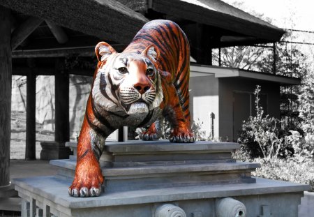 Tiger Statue - black and white, tiger, zoo, statue