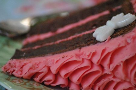 A slice of cake  - cream, brown, food, chocolate, pink, cehenot, sweet, birthday, white, butterfly, cake, luna