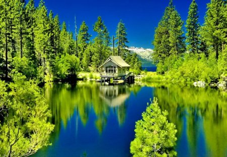 Green reflections - calm, reflections, summer, blue, cabin, tranquil, grass, calmness, shore, lake, hut, cottage, sky, clouds, house, greenery, mirrored, lakeshore, wooden, nature, green, serenity