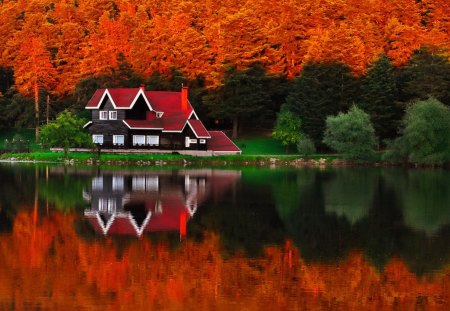 Lakeshore house - pretty, calm, cabin, grass, forest, reflection, leaves, shore, riverbank, red, lake, nice, cottage, house, branches, trees, beautiful, mirrored, lovely, lakeshore, colorful, river, nature, tranquility, green, autumn, serenity