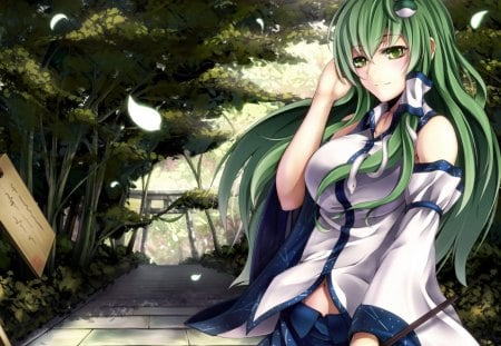 kochiya sanae - cute, anime, trees, touhou