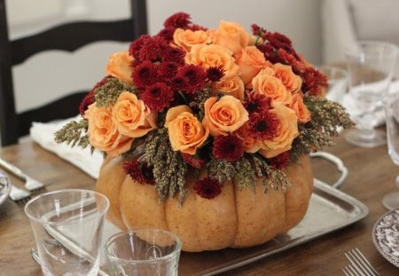 ~âœ¿~ Floral Thanksgiving ~âœ¿~ - autumn, roses, pumpkin, joy, fall, forever, happyness, table, festive, orange, love, fashion, warmth, salmon, mums, entertainment, floral, apricot