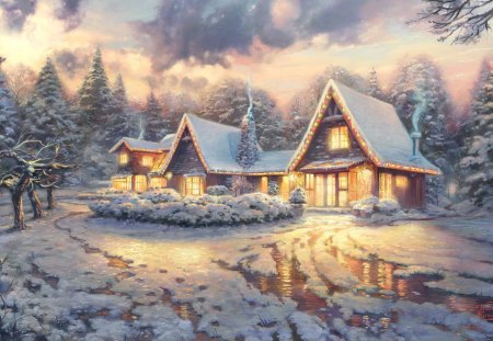 Winter - winter forest, house, winter, blue winter evening, snowy, snow, wonderful winter, blue winter, tree, white winter, winter house, winter cabin, snowfall