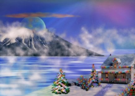 Foggy Christmas - christmas, winter, fog, cabins, holidays, mountains, lakes