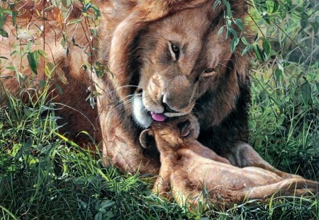 Lion - lion, small lion, toilet, grass