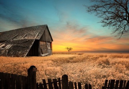 Old playground house - fence, houses, frost, playground, sunsrise, old