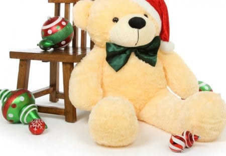 à¹‘â™¥à¹‘ Cuddle Christmas à¹‘â™¥à¹‘ - hat, balls, santa, forever, green, love, cuddles, winter, lovely, christmas, nature, cream, chair, bow, warm, beautiful, cozy, sweet, teddy bear