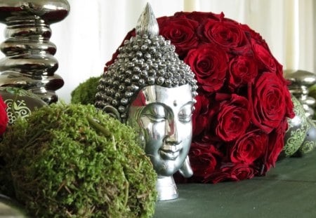 â™¥âœ¿â™¥ - love, style, statue, buddha, bouquet, feng shui, ball, christmas, home, foreversilver, beautiful, green, smile, decor, red roses