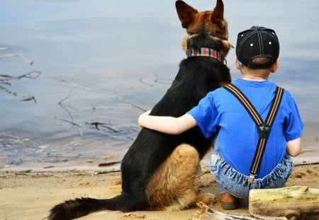 German shepherd and boy - nice, sheperd german, beach, boy, dog, water