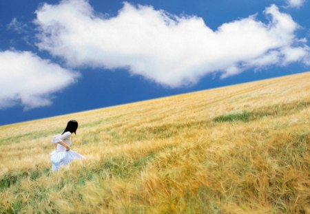 playing - women, clouds, blue, grass, sky