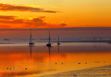 BOATS at SUNSET - ships, shallow, sea, sailboats