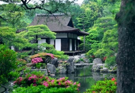 Japanese landscape - pretty, relax, summer, cabin, landscape, grass, forest, reflection, walk, flowers, garden, lake, nice, cottage, house, greenery, branches, trees, water, beautiful, pond, lovely, rest, stones, nature, green, park, rocks, japanese