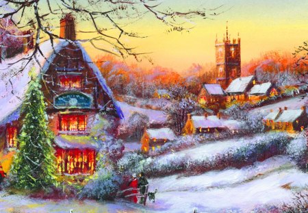 Snowy village - pretty, calm, cabin, snow, sunrise, mountain, path, countryside, nice, cottage, house, trees, winter, beautiful, slope, lovely, tree, vollage, christmas, glow, white, sunset, new year, painting, serenity, peaceful