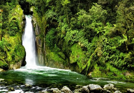 Giant gate falls - calm, stream, grass, forest, leaves, giant, hidden, nice, emerald, falling, greenery, gate, trees, water, beautiful, falls, lovely, stones, nature, waterfall, green