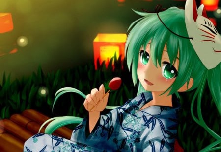 Enjoying the night of lights - sweets, mask, eyes, water, japanese, white, lantern, river, anime, kimono, cute, manga, hatsune miku, girl, light, night, asian, blue, red, green hair