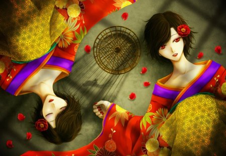 Night and day, same beauty - beauty, lips, japanese, rose, vampire, red eyes, purple, yellow, anime, kimono, brunette, manga, girl, asian, bird, cage, geisha, red, shadow, flower