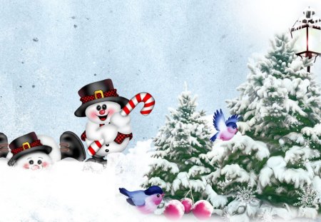 Snowman Playing - snowman, trees, winter, snowflakes, snowmen, berries, christmas, forest, snow, snowing, feliz navidad, cute, happy, birds