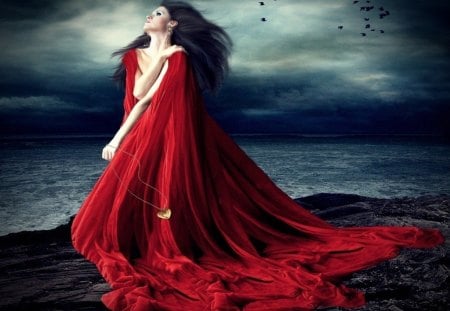 A women in Red - dress, women, crows ocean night time, red