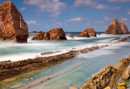 amazing misty rocky shore - shore, sea, mist, rocks