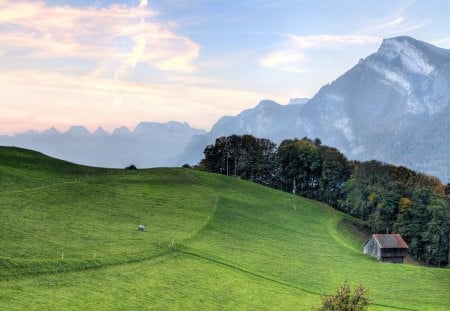 beautiful mountain pasture - mountains, sheep, fences, hut, pastures