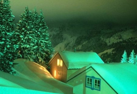 'Cottage in Winter Time' - attractions in dreams, snowflakes, landscape, snow, night, mountain, celebrations, seasons, most downloaded, winter holidays, winter, photography, colors, lovely, xmas and new year, christmas, winter time, cottages, love four seasons