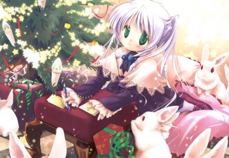 new year - manga, anime, christmas tree, girl, letter, gift, bunny