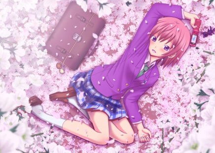 school girl - briefcase, manga, anime, cherry, girl, petals