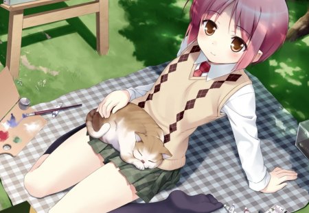 summer - cat, anime, girl, manga