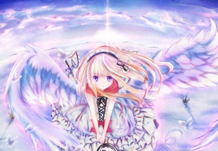 anime angel - wings, butterfly hairpin, sky, a cloud, anime, girl, manga