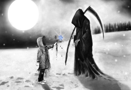 A Humble gift - moon, grim reaper, humble, snow, child, christmas, fantasy, holiday, gift