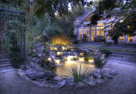 Fantastic Garden - water, waterfall, pond, lights, country manor, plants