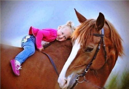 So Happy Together! - little girl, horses, together, friends, animals