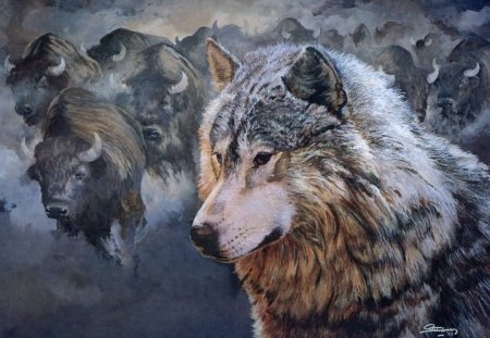 buffalo- way - wolf, native american, art, buffalo, fantasy