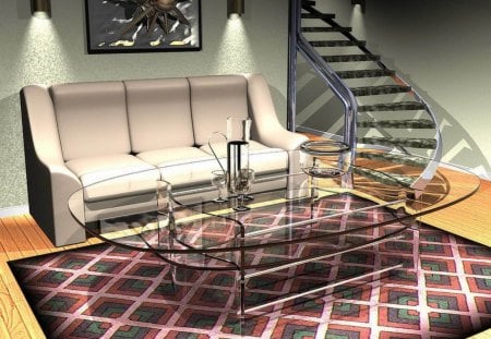 Design - stairs, sofa, glass, rug, couch, picture, home, lamps, table, lights