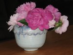 Peonies in blue-glazed bowl