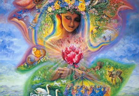 Creation of Spring - birds, josephine wall, chick, children, flowers, swans, rainbow, woman, sky, animals