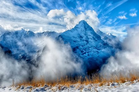 Mountain mist - clouds, pretty, haze, blue, beautiful, snowy, grass, lovely, peaks, mountain, slopes, nature, view, mist, nice, sky