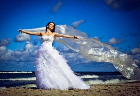 Freedom - pretty, summer, freedom, dress, nice, sky, clouds, water, beautiful, girl, sea, lovely, ocean, white, nature, lady, woman, beachm vail, waves